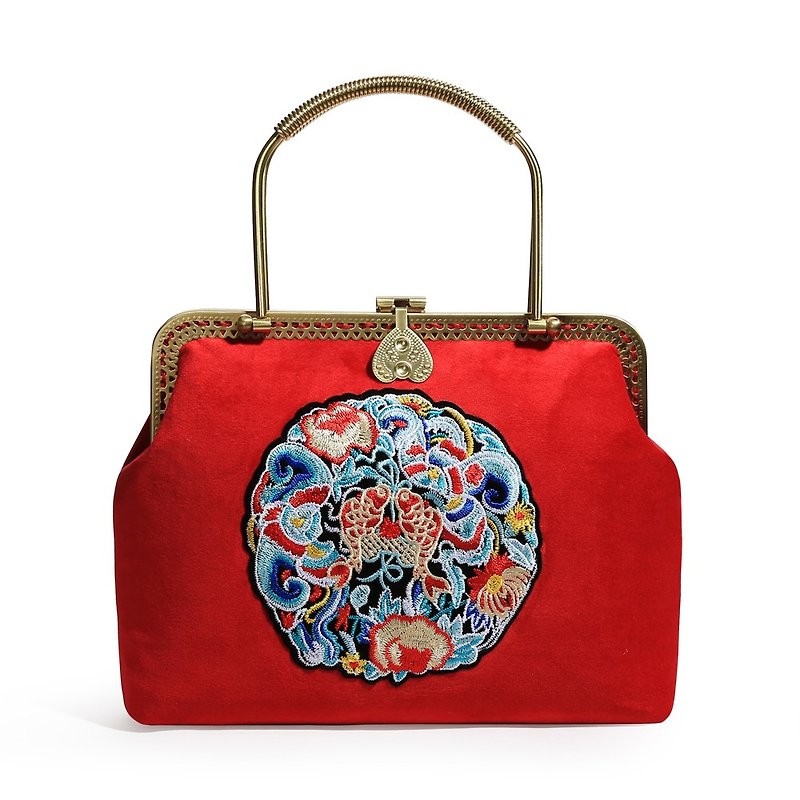 Fine red velvet embroidery fine antique antique handbag - กระเป๋าถือ - วัสดุอื่นๆ สีแดง