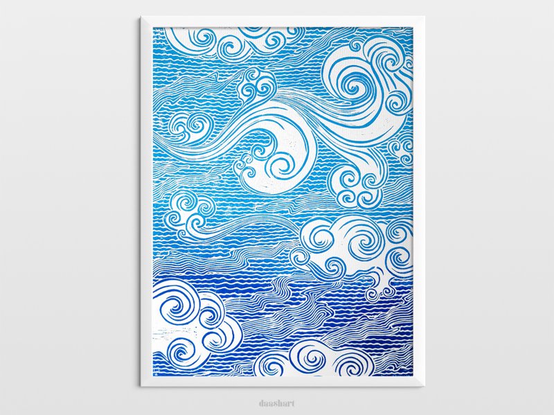Linocut print Blue japanese clouds art Original artwork Handmade wall art print - 海報/掛畫/掛布 - 紙 藍色