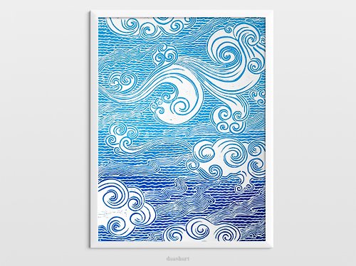 daashart Linocut print Blue japanese clouds art Original artwork Handmade wall art print