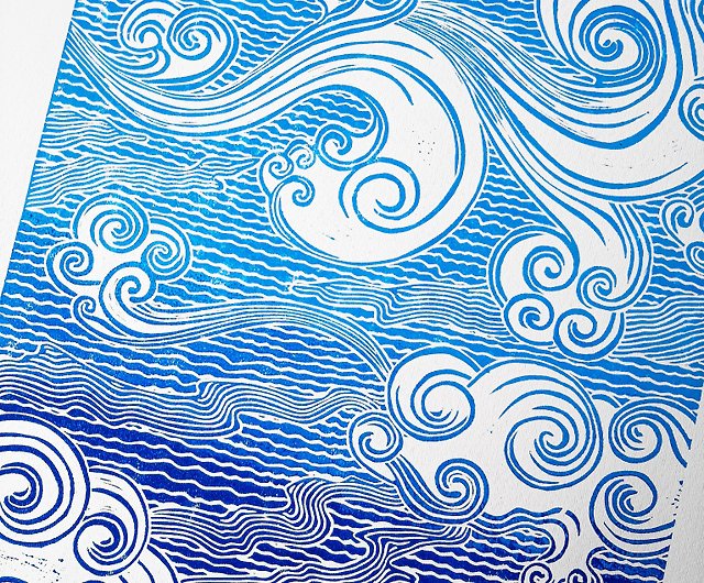 リノカットプリント ブルー日本の雲アート オリジナルアートワーク