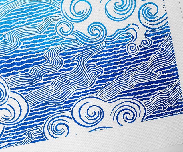 リノカットプリント ブルー日本の雲アート オリジナルアートワーク