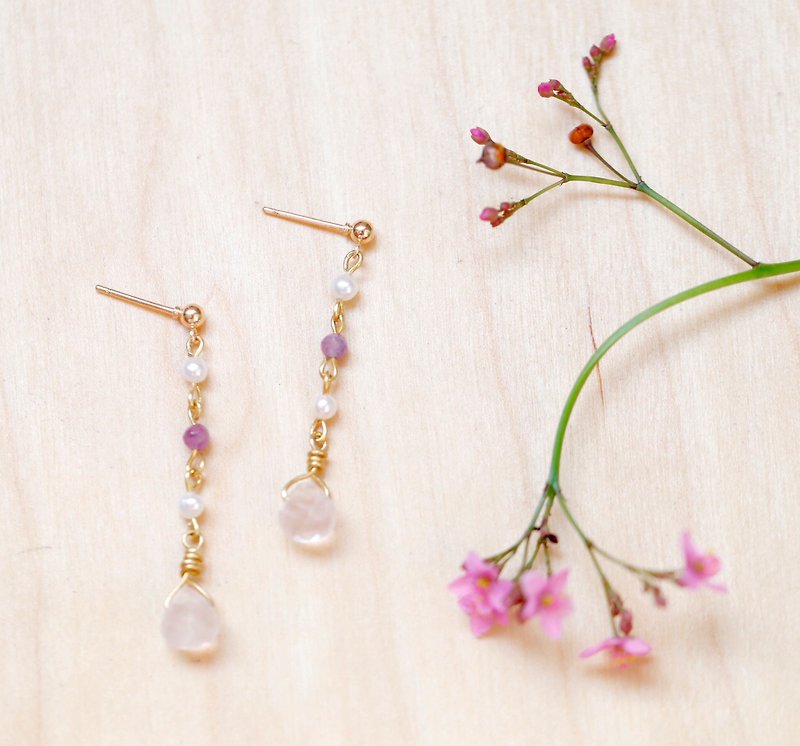 Ruby ore / natural pearl / edge cut rose quartz pendant drop earrings Bronze can change fast shipping clip - ต่างหู - คริสตัล สึชมพู