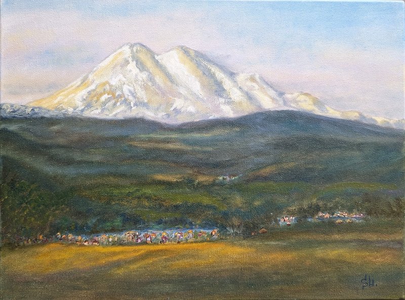 Oil Painting Mountains Elbrus Wall Art Caucasus Mountain Landscape Original Art - Posters - Other Materials Multicolor