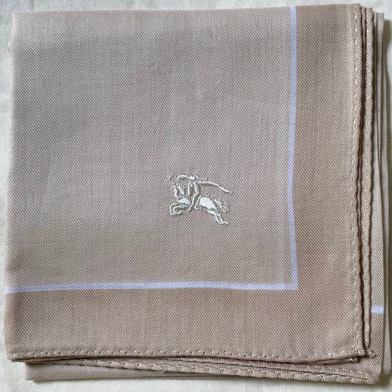 Vintage BURBERRY Beige Cotton Handkerchief Unisex Bandana Pocket Square Scarf - 手帕 - 棉．麻 咖啡色