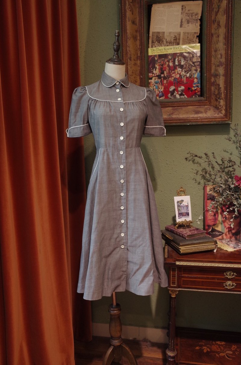 vintage dress灰色翻領連衣裙古著連衣裙 - 洋裝/連身裙 - 棉．麻 