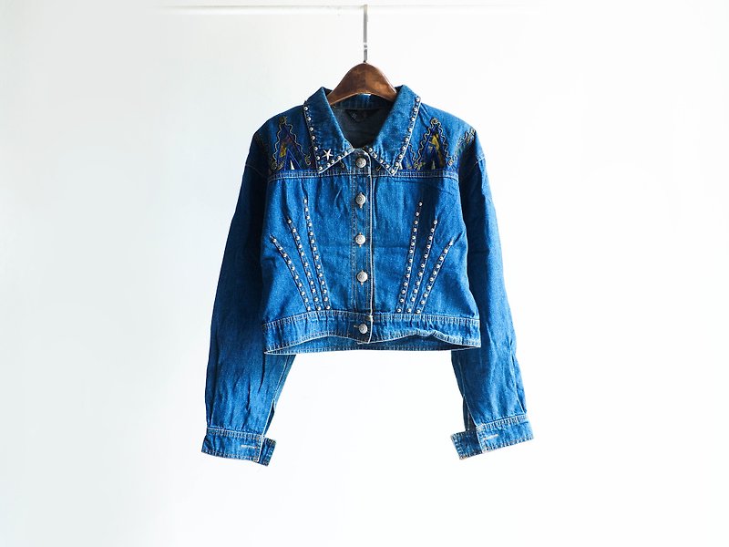 River Hill - Gifu youth dream Golden Triangle poetry collage embroidery rivets lapel thin-pound vintage denim jacket vintage neutral shirt oversize vintage denim - เสื้อแจ็คเก็ต - ผ้าฝ้าย/ผ้าลินิน สีน้ำเงิน
