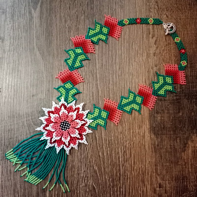 Huichol beaded necklace with a large flower Beadwork flower necklace for women g - Necklaces - Glass Pink