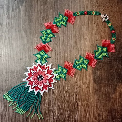 White Bird gallery of exquisite jewelry from Halyna Nalyvaiko Huichol beaded necklace with a large flower Beadwork flower necklace for women g