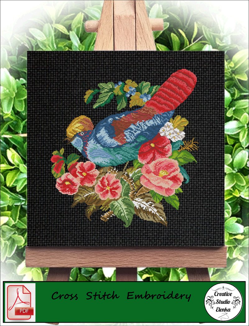 Vintage Cross Stitch Scheme Bright Bird - PDF Embroidery Scheme - 編織/羊毛氈/布藝 - 其他材質 