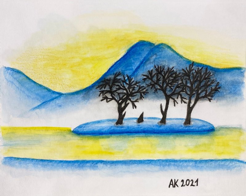 Misty Morning watercolour painting, nature artwork, winter landscape, mountains - 壁貼/牆壁裝飾 - 其他材質 藍色