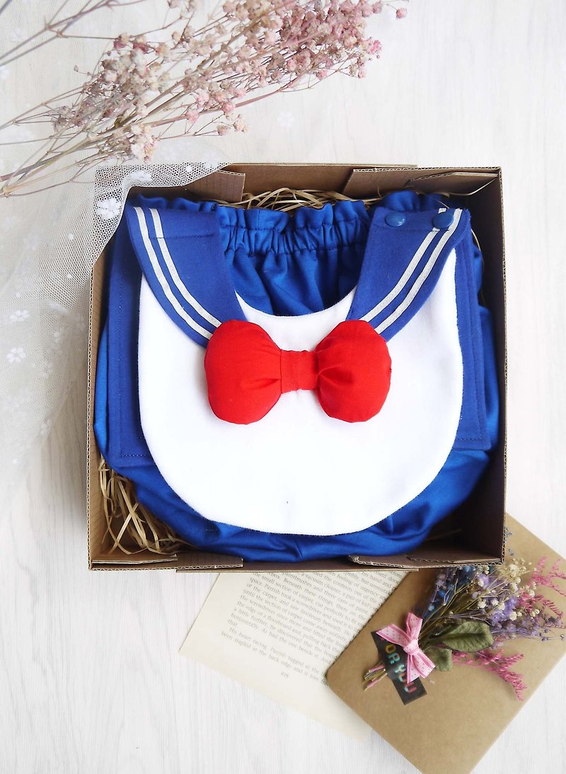 DOMOMO sailor collar cute female warrior (complete set) styling bib + lantern onesies pants full moon gift box - Baby Gift Sets - Cotton & Hemp Blue