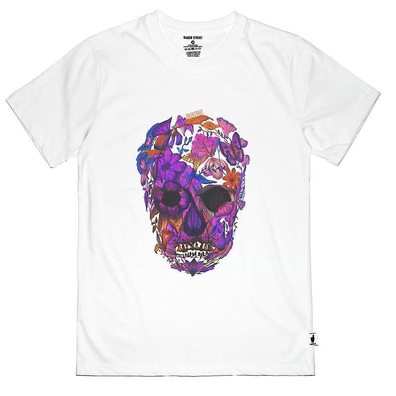 British Fashion Brand -Baker Street- Blossom Skull Printed T-shirt - เสื้อยืดผู้ชาย - ผ้าฝ้าย/ผ้าลินิน 