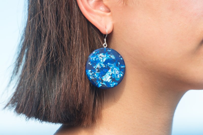 Ocean Impression sterling silver gauze large round earrings with interchangeable Clip-On - ต่างหู - เงินแท้ สีน้ำเงิน