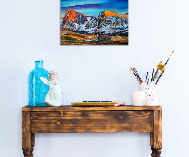 アルプスの山の風景油絵 オリジナルのスイスの山の風景アート