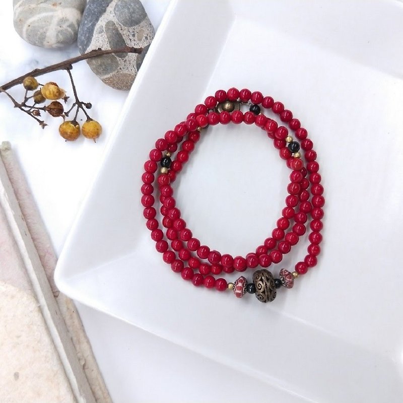 [108 beads series] red glaze * folk custom brass hollow carved multi-circle bracelets New Year gift - Bracelets - Gemstone Red