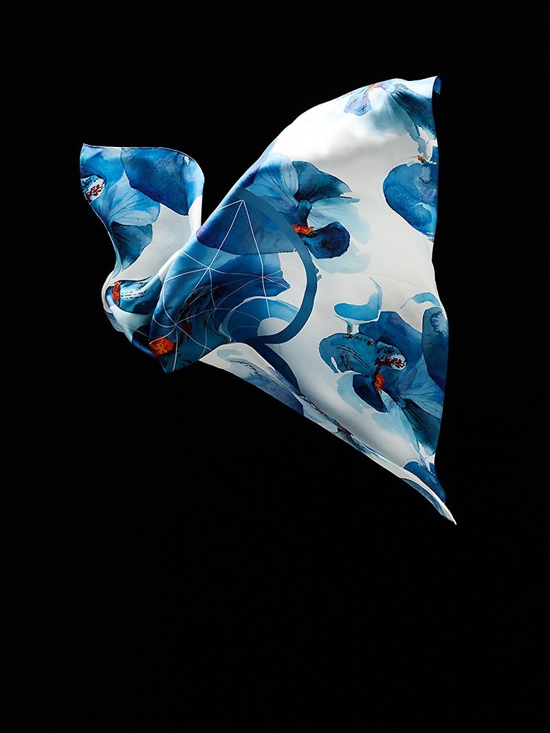 Lan  - 水彩デザインプリント - シルクスカーフ - スカーフ - シルク・絹 ブルー
