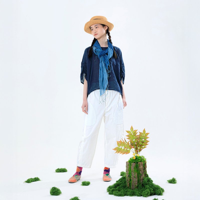平平淡淡拼接口袋繭型休閒褲 - 女長褲 - 棉．麻 白色