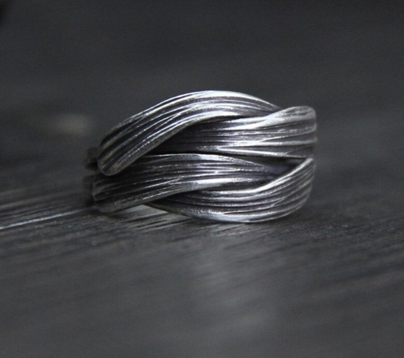 Real S999 Silver Handmade Brushed Weave Finger Rings for Women Thai Silver Black - 戒指 - 純銀 銀色