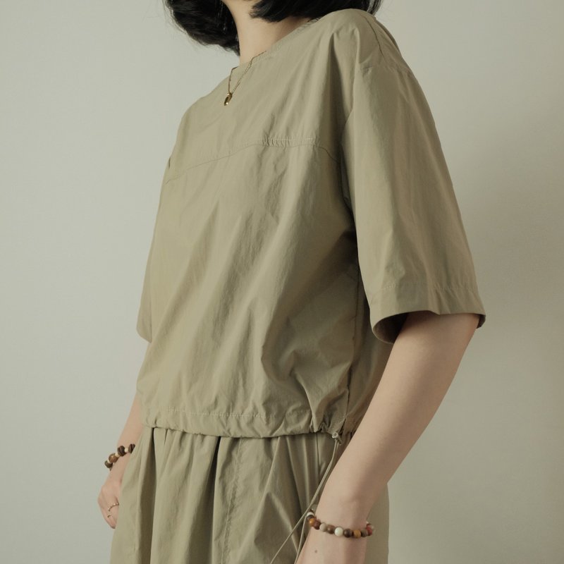 Summer Khaki Japanese Workwear Drawstring Short Sleeve Top - Women's Tops - Nylon Khaki