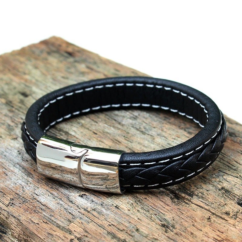 Darling Leather Bracelet - Black leather bracelet with Black Braid (Cow Leather) - Bracelets - Genuine Leather 