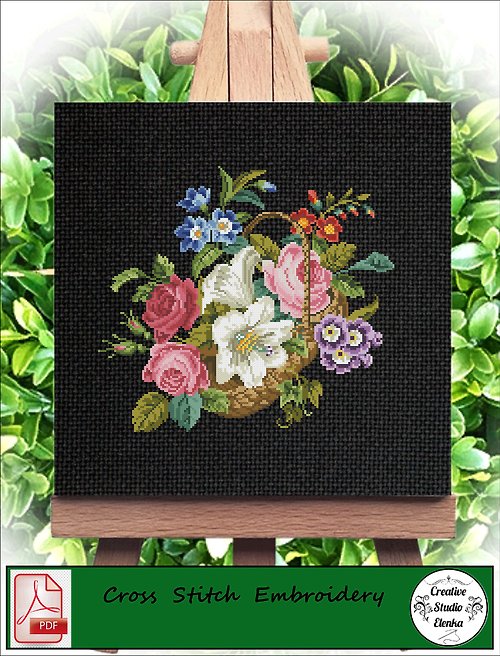 CreativeStudioElenka Vintage Cross Stitch Scheme Basket and flowers 2 - PDF Embroidery Scheme