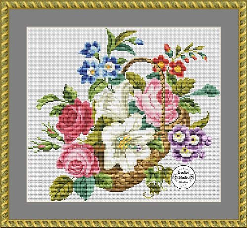 Vintage Cross Stitch Scheme Basket and flowers 2 - PDF Embroidery Scheme