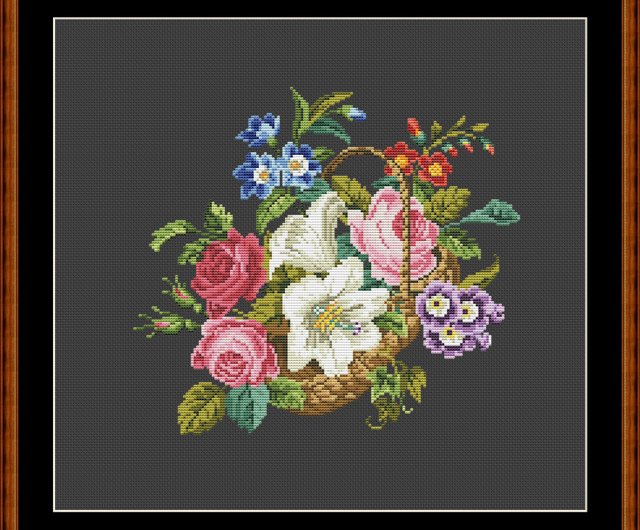 Vintage Cross Stitch Scheme Basket and flowers 2 - PDF Embroidery 