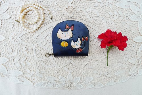 puremorningvintage 80s Japanese vintage Handmade Genuine Leather Coin Purse with CAT hand painted