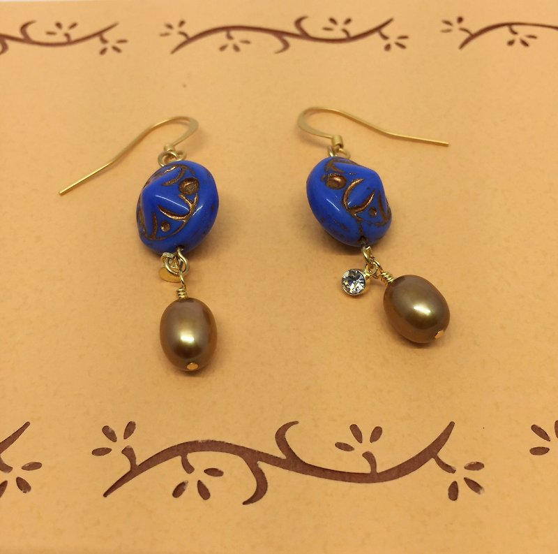 描金珍珠耳環  藍色珠和金色珍珠 - 耳環/耳夾 - 其他材質 
