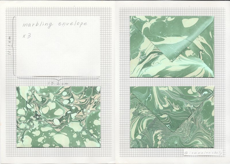 hand marbled envelope (green, beige) x 3 - ซองจดหมาย - กระดาษ สีเขียว