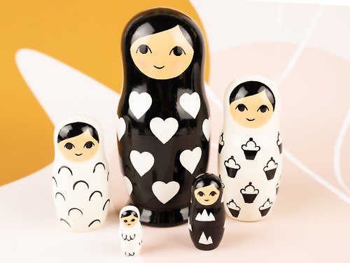 FirebirdWorkshop Nesting dolls for kids black and white hearts Handmade wooden toys Kids wooden