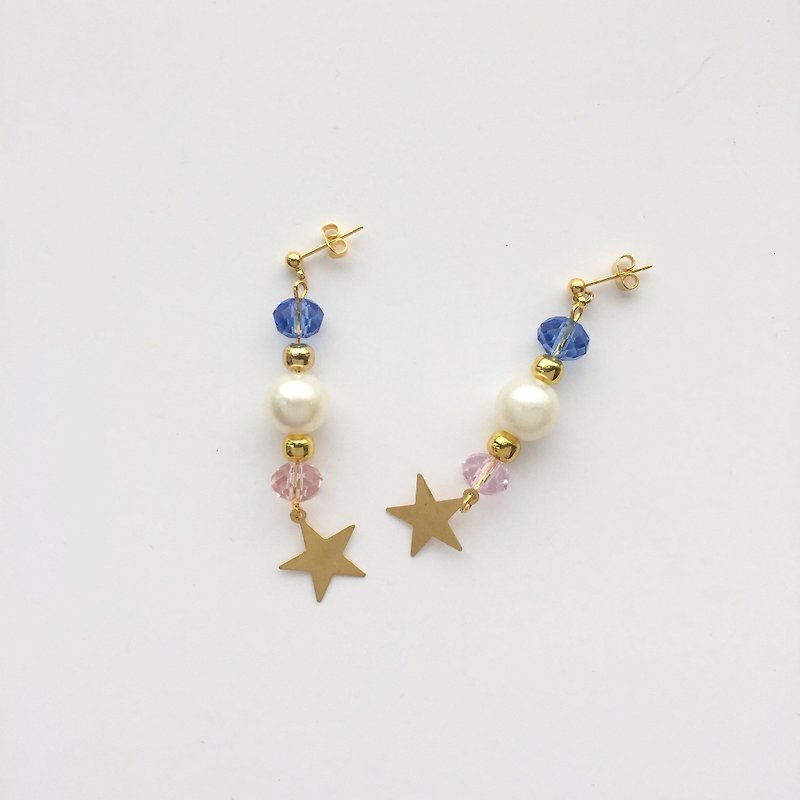 ❤️ [ear clip-on can be changed! Korean series] ❤️ Japanese magazine article! Crystal precious stones and pearls beaded Star Dangle Earrings - ต่างหู - เครื่องเพชรพลอย หลากหลายสี