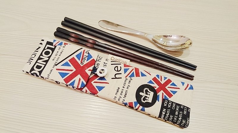 Eco-friendly tableware storage bag chopstick bag combination chopsticks special double-layer chopstick bag British style - ช้อนส้อม - ผ้าฝ้าย/ผ้าลินิน 