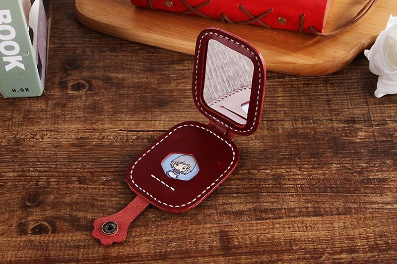 [Cut line] hand sewn cute kitty's cat make-up mirror / carry a mini mirror wine red - Other - Genuine Leather Red