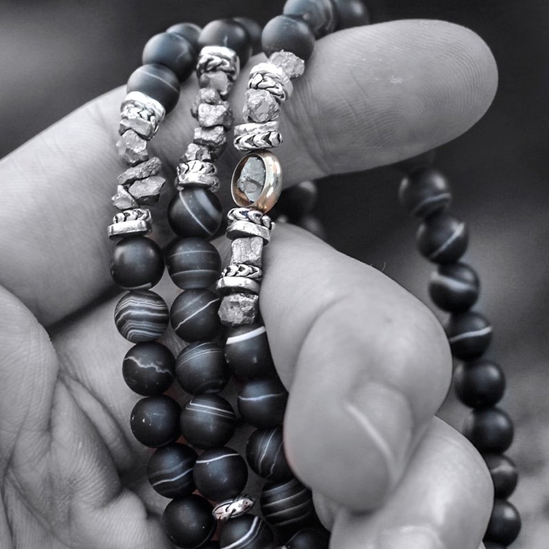 Black Pharaoh. Natural mineral three-strand rosary beads black agate pyrite 925 sterling silver fine pure copper - Bracelets - Gemstone Black