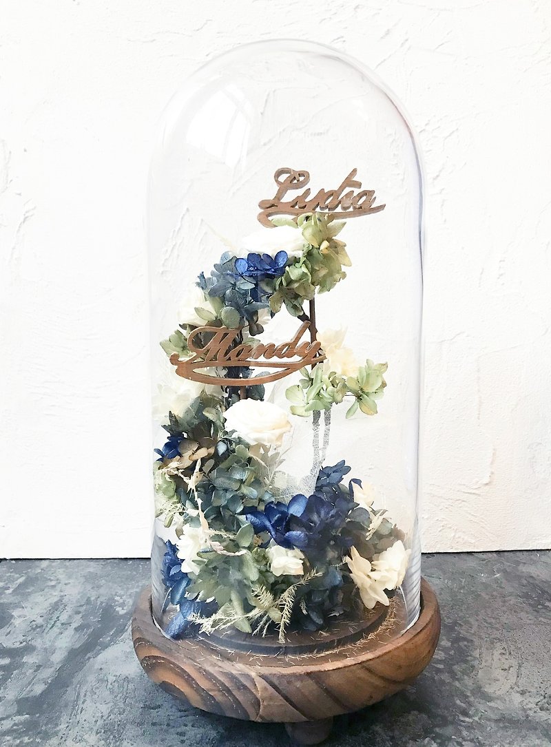 Qixi Valentine's Day Wedding Gift Customized Lettering Yongsheng Flower Log Base Glass Cover Exclusive Flower - ช่อดอกไม้แห้ง - พืช/ดอกไม้ สีเขียว