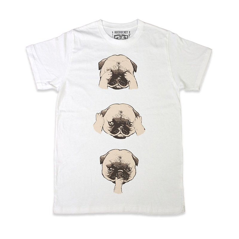 PUG Life • No Evil Pug • Unisex T-shirt - เสื้อยืดผู้ชาย - ผ้าฝ้าย/ผ้าลินิน ขาว