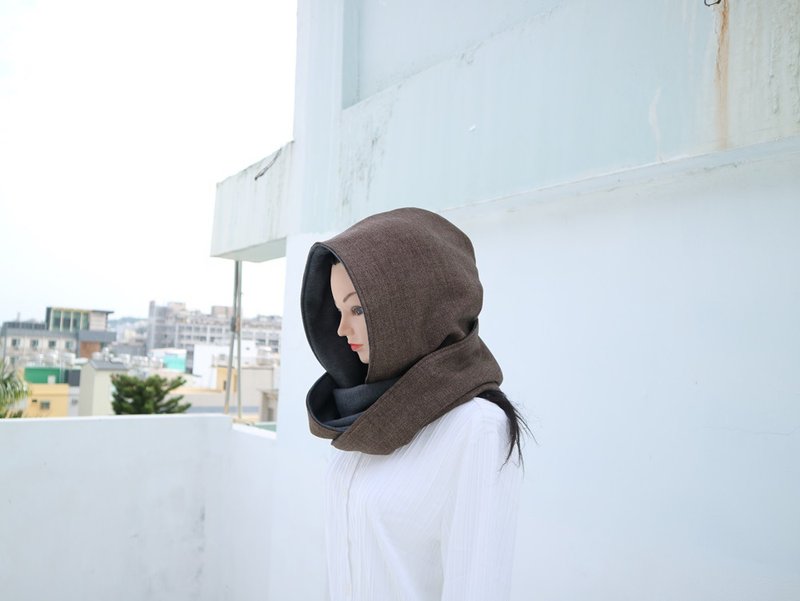 Hooded scarf, hat scarf, scarf, double-sided and two-color, suitable for both adults and children - ผ้าพันคอถัก - วัสดุอื่นๆ สีนำ้ตาล