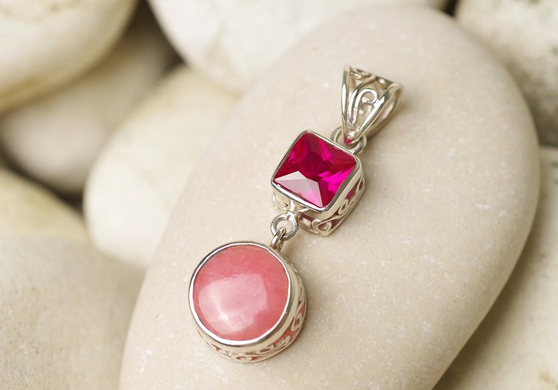 Rhodochrosite and Ruby Pendant Top - Gemstone Pendant Necklace - 項鍊 - 純銀 多色