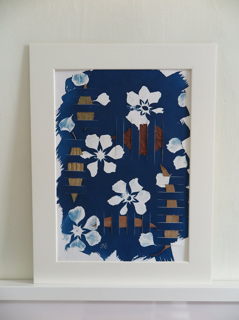 植物のシルエット。手作りのブルー織フレーム絵画 - ウォールデコ・壁紙 - 紙 ブルー