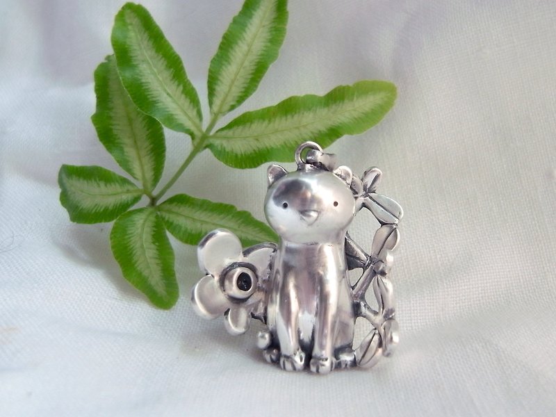 Cat And Flower And Plants | Silver Cat --Pendant Necklace with Wax Rope - Necklaces - Silver Silver