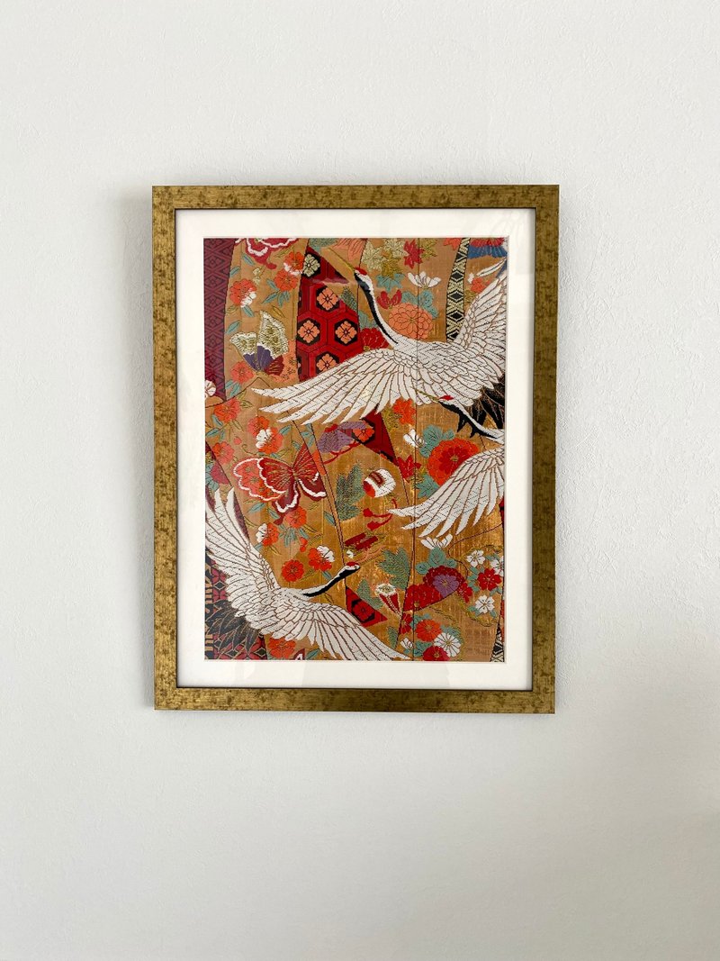 色打掛からつくるアートパネル　vintage 刺繍着物 和モダン 和風インテリア プレゼント 鶴 結婚祝 新築祝 長寿祝 縁起物 額装インテリア　051 - 壁貼/牆壁裝飾 - 絲．絹 金色