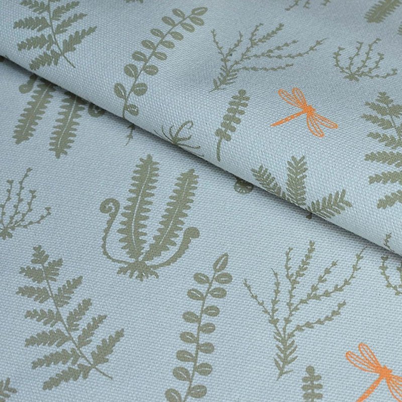Hand-Printed Cotton Canvas - 400g/y / Weeds and Dragonfly / Light Grey&Olive - Knitting, Embroidery, Felted Wool & Sewing - Cotton & Hemp Blue