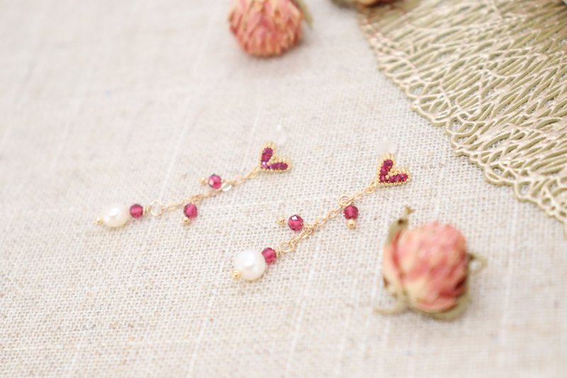 Pink Heart Ruby & Pearl Earrings Sterling Silver Studs Handmade with Love Dainty - 耳環/耳夾/耳骨夾 - 珍珠 