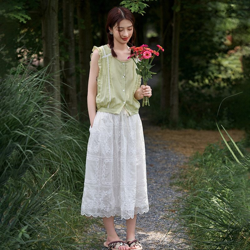 French embroidery light skirt|skirt|summer style|Sora-1564 - Skirts - Other Man-Made Fibers White