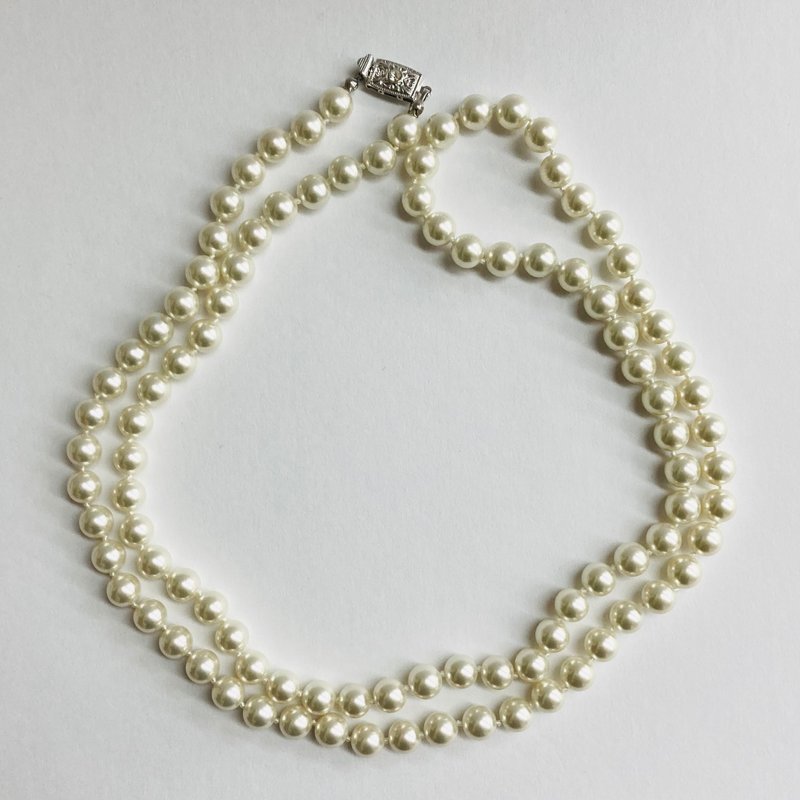 Glass pearl 2-way all-knot long necklace/8mm approx. 90cm/pale white/R/made in Japan - Necklaces - Glass White