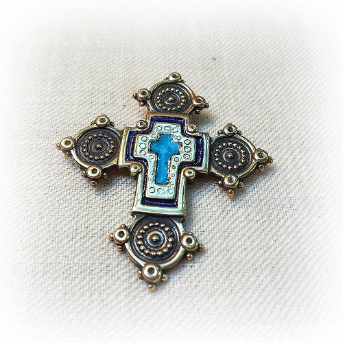 Gogodzy Cross necklace pendant with blue enamel,Vintage Brass Cross necklace pendant