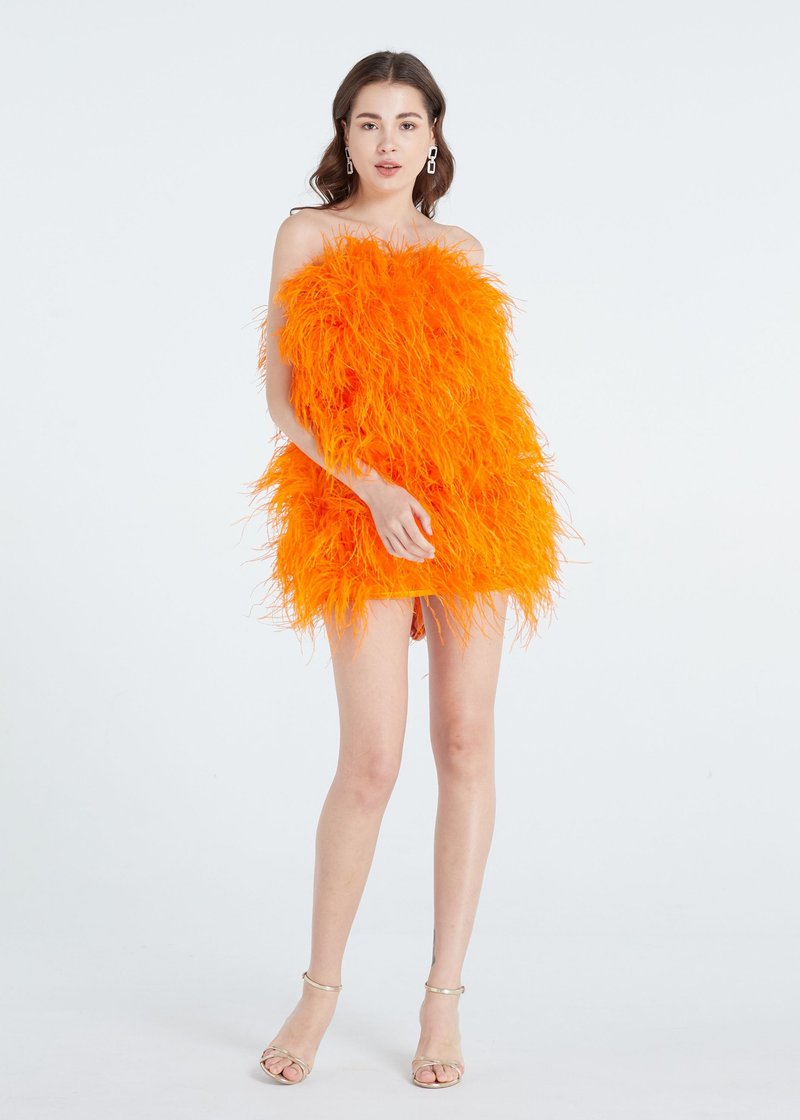 Aston orange feather dress  for women - 洋裝/連身裙 - 羽絨 橘色