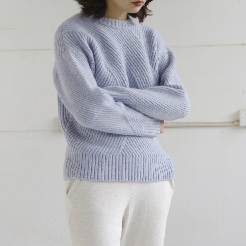 KOOW   白日夢藍 日本進口全羊毛針織衫 復古粗針坑條純色厚毛衣 - 女毛衣/針織衫 - 羊毛 