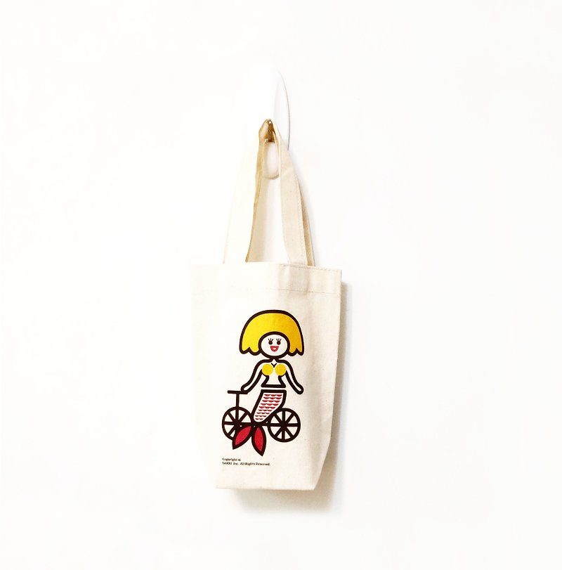 Danish mermaid water bottle bag eco bag beverage bag storage bag cosmetic bag canvas bag portable - กระเป๋าถือ - วัสดุอื่นๆ สีเหลือง